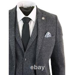 Mens Grey Black 3 Piece Tweed Suit Herringbone Wool Vintage Retro