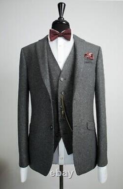 Mens Grey Tweed 3 Piece Suit Vintage Slim Fit Wool Silk 42R W36 L31