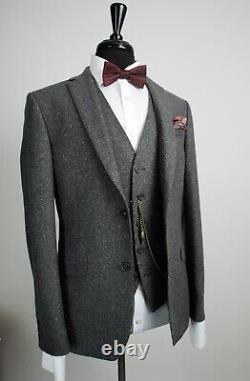 Mens Grey Tweed 3 Piece Suit Vintage Slim Fit Wool Silk 42R W36 L31