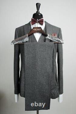 Mens Grey Tweed 3 Piece Suit Vintage Slim Fit Wool Silk 42R W36 L31