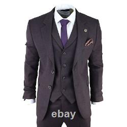 Mens Herringbone Tweed 3 Piece Suit Purple Plum Tailored 1920s Vintage Blinders