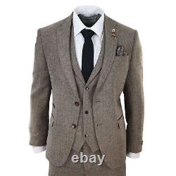 Mens Oak 3 Piece Tweed Suit Herringbone Wool Vintage Retro Fit