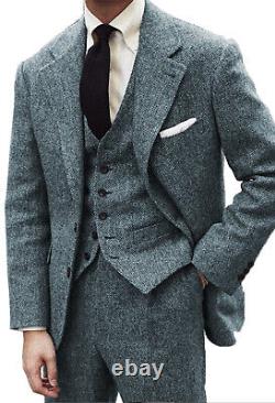 Mens Suits Wool Blend Tweed 3 Piece Herringbone Vintage Groomsmen Tuxedos Suit