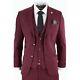 Mens Wool 3 Piece Suit Tweed Burgundy Black Tailored Fit Classic