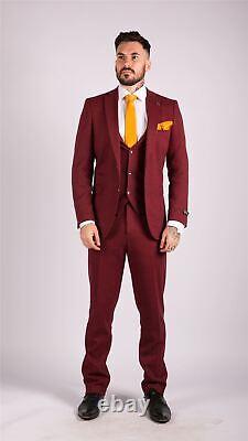 Mens Wool 3 Piece Suit Tweed Burgundy Black Tailored Fit Classic