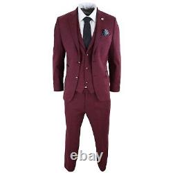 Mens Wool 3 Piece Suit Tweed Burgundy Black Tailored Fit Classic