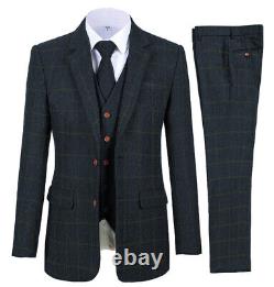 Navy Blue Plaid Men Tweed Suit Vintage Check Notch Lapel Prom Groom Tuxedo Suit