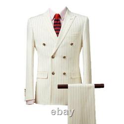 Pinstripe Men Suits Double Breasted Jackets Blazer Formal Wedding Suits 2 Pieces