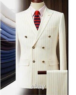 Pinstripe Men Suits Double Breasted Jackets Blazer Formal Wedding Suits 2 Pieces