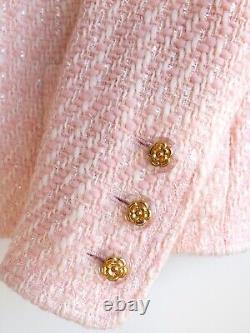 Rare Chanel Vintage S/S 1992 Pink Tweed Gold Camellia Jacket Skirt Suit