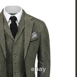 Tweed 3 Piece Suit for Mens Vintage Green Herringbone 1920s Classic Tailored Fit