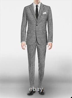 Tweed Business Men Suit Jacket Prom Wedding Groom Party Blazer Pants Houndstooth