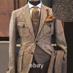 Tweed Herringbone Men Vintage Suits 3 Pieces Party Business Retro Suits Jackets
