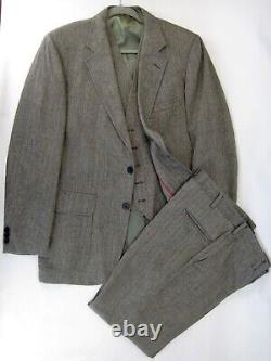 VTG 3 Piece Patch Pocket Gray Herringbone Tweed Wool Suit Vest Pants Blazer 40R