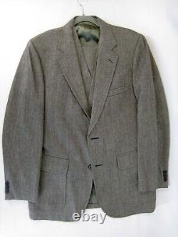 VTG 3 Piece Patch Pocket Gray Herringbone Tweed Wool Suit Vest Pants Blazer 40R