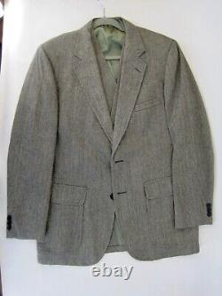 VTG 3 Piece Patch Pocket Gray Herringbone Tweed Wool Suit Vest Pants Blazer 40R