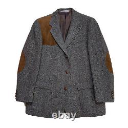 VTG 40 R Orvis X Harris Tweed / Leather Olive Herringbone Belted Hunting Jacket