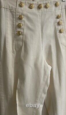 VTG Lillie Rubin XS 100% Cotton White Pant Suit Gold Trim Buttons Military #6482
