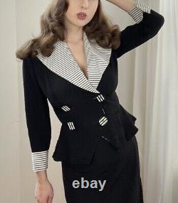 Vintage 1950s Black And White Stripe Double Breasted Skirt Suit 2 Pc Set