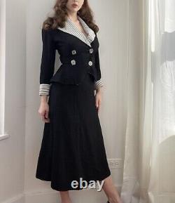 Vintage 1950s Black And White Stripe Double Breasted Skirt Suit 2 Pc Set