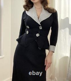 Vintage 1950s Black And White Stripe Double Breasted Skirt Suit 2 Pc Set