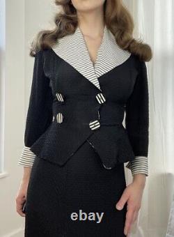 Vintage 1950s Black And White Stripe Double Breasted Skirt Suit 2 Pc Set