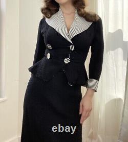 Vintage 1950s Black And White Stripe Double Breasted Skirt Suit 2 Pc Set