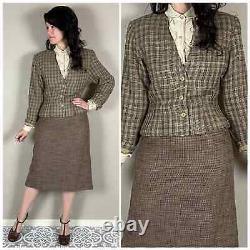 Vintage 1970s Brown 2-Piece Tweed Skirt Suit XS/S Petite