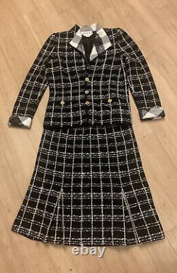 Vintage Adolfo New York Windowpane Wool Knit Jacket & Skirt. Sz S