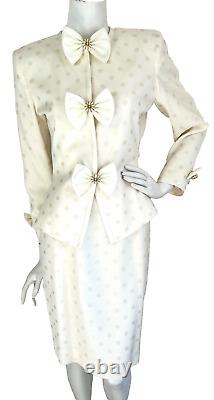 Vintage Albert Nipon Skirt Suit Formal Bow Peplum Jacket Polka Dot Ivory 4 EUC