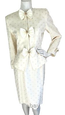 Vintage Albert Nipon Skirt Suit Formal Bow Peplum Jacket Polka Dot Ivory 4 EUC