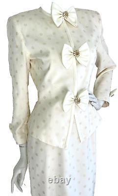 Vintage Albert Nipon Skirt Suit Formal Bow Peplum Jacket Polka Dot Ivory 4 EUC