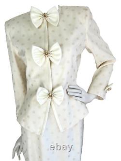 Vintage Albert Nipon Skirt Suit Formal Bow Peplum Jacket Polka Dot Ivory 4 EUC