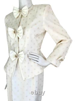 Vintage Albert Nipon Skirt Suit Formal Bow Peplum Jacket Polka Dot Ivory 4 EUC