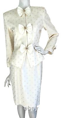 Vintage Albert Nipon Skirt Suit Formal Bow Peplum Jacket Polka Dot Ivory 4 EUC