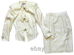 Vintage Albert Nipon Skirt Suit Formal Bow Peplum Jacket Polka Dot Ivory 4 EUC