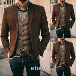 Vintage Brown Herringbone Wool Blend Vintage Suits With Vest 2 Button Jacket New