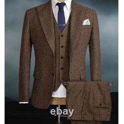 Vintage Brown Men Suit Tweed Peak Lapel 3 Piece Wedding Business Formal Slim Fit
