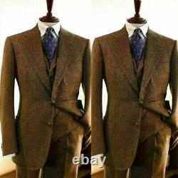 Vintage Brown Men's Suit Herringbone Woolen 3 Pieces Winter Casual Slim Fit Wear