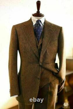 Vintage Brown Men's Suit Herringbone Woolen 3 Pieces Winter Casual Slim Fit Wear