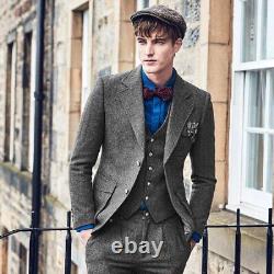 Vintage Brown Twill Tweed Men's Winter Jacket 3 Pieces Wedding Suits Custom Made