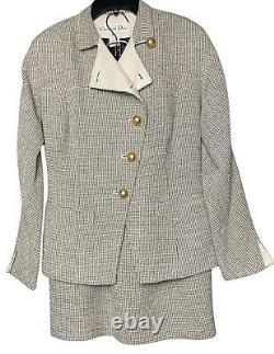 Vintage Christian Dior Women's Skirt Suit Silk Wool 6P Houndstooth Gold Buttons