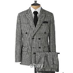 Vintage Double Breasted Men Suits Houndstooth Formal Prom Blazer Pants Tailored