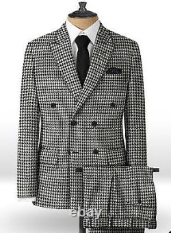 Vintage Double Breasted Men Suits Houndstooth Formal Prom Blazer Pants Tailored