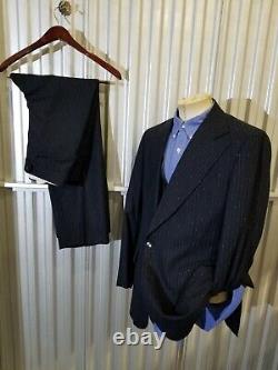 Vintage Fleck Striped Navy wide lapel 3-Piece Suit vest Jacket 40L Pants w36