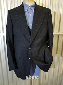 Vintage Fleck Striped Navy wide lapel 3-Piece Suit vest Jacket 40L Pants w36