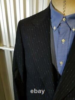 Vintage Fleck Striped Navy wide lapel 3-Piece Suit vest Jacket 40L Pants w36