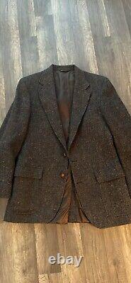 Vintage Harris Tweed Blazer Jacket Brown Patch Pockets Leather Buttons, Size 40