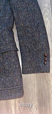 Vintage Harris Tweed Blazer Jacket Brown Patch Pockets Leather Buttons, Size 40