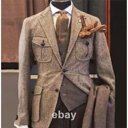 Vintage Herringbone Men Suits Tweed Single-Breasted Jacket 3 Pcs Tuxedos Custom